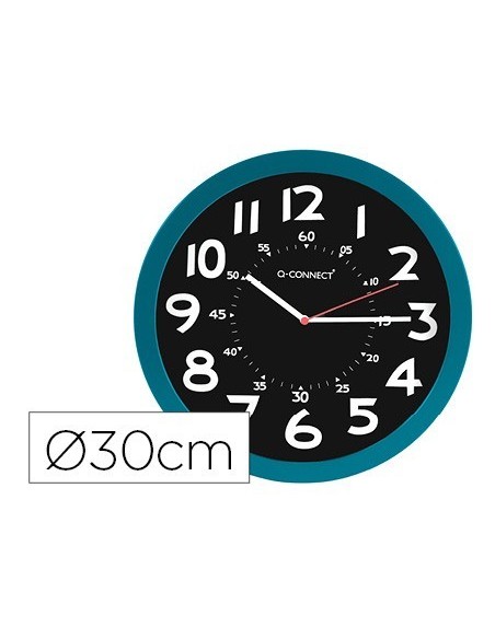 RELOJ Q-CONNECT DE PARED PLASTICO OFICINA REDONDO 30 CM COLOR AZUL Y ESFERA COLOR NEGRO