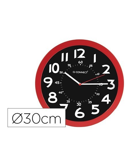RELOJ Q-CONNECT DE PARED PLASTICO OFICINA REDONDO 30 CM COLOR ROJO Y ESFERA COLOR NEGRO
