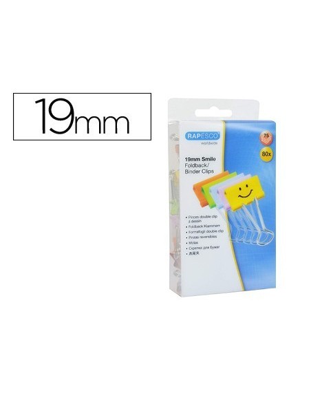 PINZA METALICA RAPESCO REVERSIBLE 19 MM SONRISAS COLORES SURTIDOS CAJITA DE 80 UNIDADES
