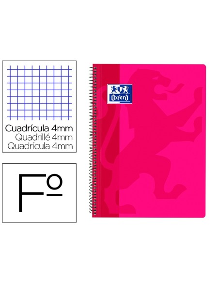 CUADERNO ESPIRAL OXFORD SCHOOL CLASSIC TAPA POLIPROPILENO FOLIO 80 H CUADRO 4 MM CON MARGEN FUCSIA