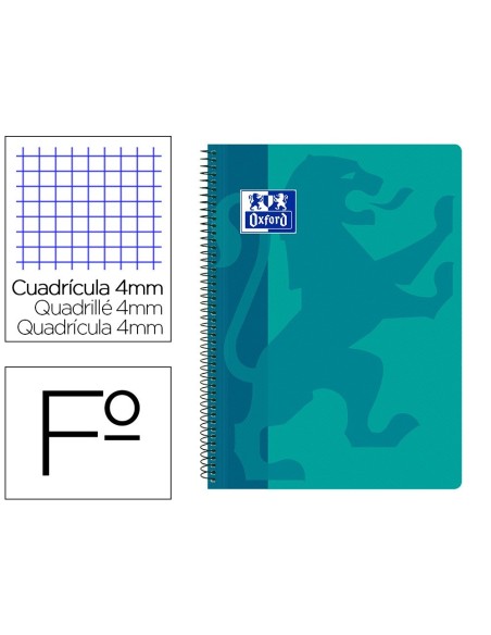 CUADERNO ESPIRAL OXFORD SCHOOL CLASSIC TAPA POLIPROPILENO FOLIO 80 HOJAS CUADRO 4 MM CON MARGEN AQUA