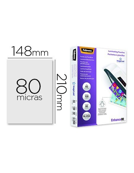BOLSA DE PLASTIFICAR FELLOWES BRILLO DIN A5 80 MICRAS PACK 100 UNIDADES