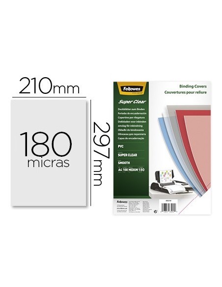 TAPA DE ENCUADERNACION FELLOWES DIN A4 PVC TRANSPARENTE CRISTAL 180 MICRAS PACK DE 100 UNIDADES