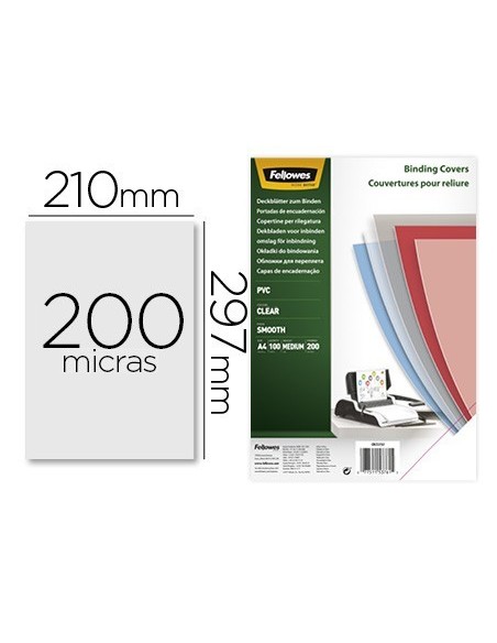 TAPA DE ENCUADERNACION FELLOWES DIN A4 PVC TRANSPARENTE CRISTAL 200 MICRAS PACK DE 100 UNIDADES