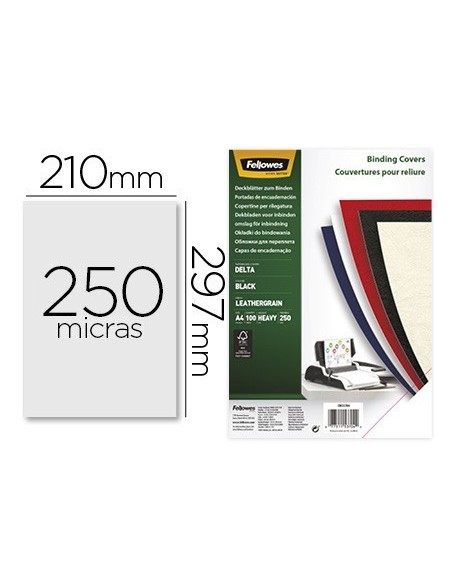 TAPA DE ENCUADERNACION FELLOWES DIN A4 CARTON SIMILPIEL CUERO NEGRO DELTA 250 GR PACK DE 100 UNIDADES