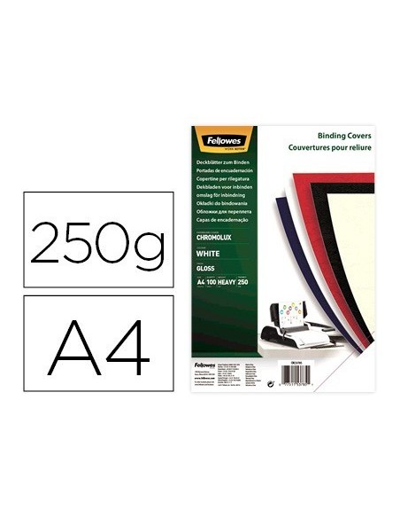 TAPA DE ENCUADERNACION FELLOWES DIN A4 CARTON BRILLO BLANCO CHROMOLUX 250 GR PACK DE 100 UNIDADES