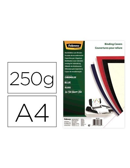 TAPA DE ENCUADERNACION FELLOWES DIN A4 CARTON BRILLO AZUL CHROMOLUX 250 GR PACK DE 100 UNIDADES