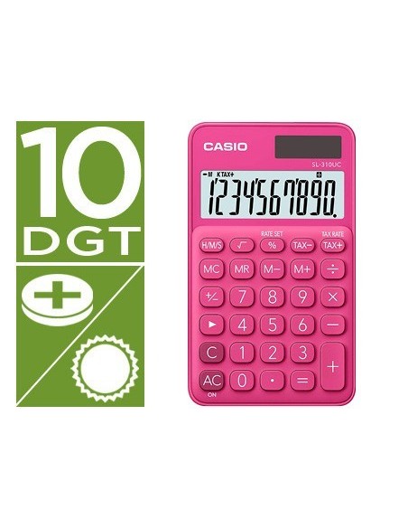 CALCULADORA CASIO SL-310UC-RD BOLSILLO 10 DIGITOS TAX +/- TECLA DOBLE CERO COLOR FUCSIA