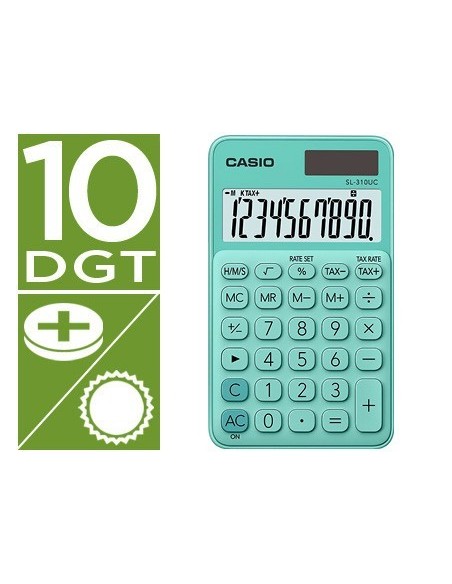 CALCULADORA CASIO SL-310UC-GN BOLSILLO 10 DIGITOS TAX +/- TECLA DOBLE CERO COLOR VERDE
