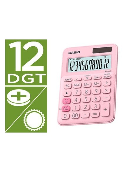 CALCULADORA CASIO MS-20UC-PK SOBREMESA 12 DIGITOS TAX +/- COLOR ROSA