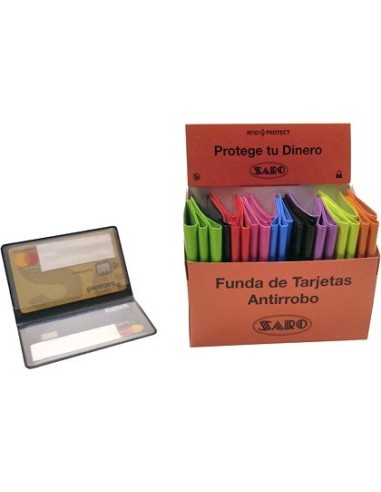 FUNDA PORTATARJETAS SARO ANTIRROBO DATOS DOBLE CARA CAPACIDAD 4 TARJETAS COLORES SURTIDOS 65 X 95 MM