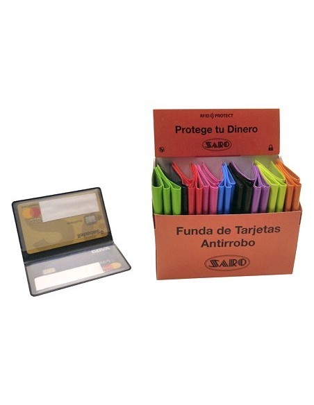 FUNDA PORTATARJETAS SARO ANTIRROBO DATOS DOBLE CARA CAPACIDAD 4 TARJETAS COLORES SURTIDOS 65 X 95 MM