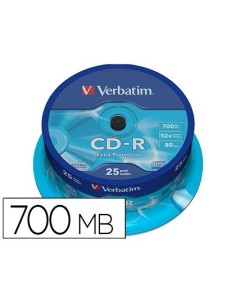 CD-R VERBATIM CAPACIDAD 700MB VELOCIDAD 52X 80 MIN TARRINA DE 25 UNIDADES