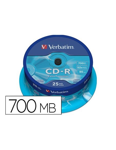 CD-R VERBATIM CAPACIDAD 700MB VELOCIDAD 52X 80 MIN TARRINA DE 25 UNIDADES