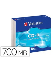 CD-ROM VERBATIM EXTRA PROTECCION CAPACIDAD 700MB VELOCIDAD 52X 80 MIN PACK DE 10 UNIDADES CAJA SLIM