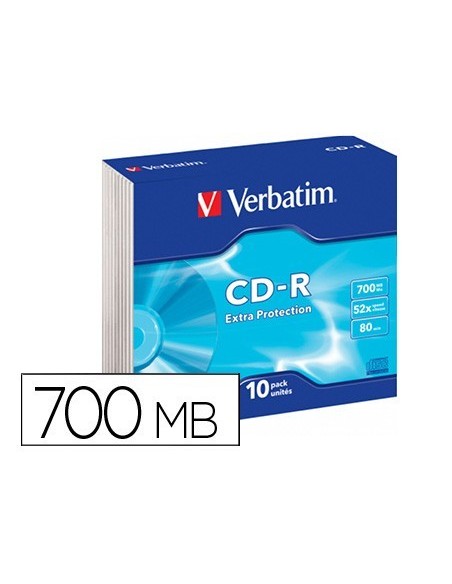 CD-ROM VERBATIM EXTRA PROTECCION CAPACIDAD 700MB VELOCIDAD 52X 80 MIN PACK DE 10 UNIDADES CAJA SLIM