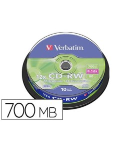 CD-RW VERBATIM SERL CAPACIDAD 700MB VELOCIDAD 12X 80 MIN TARRINA DE 10 UNIDADES