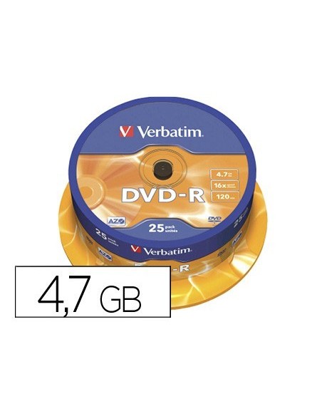 DVD-R VERBATIM CAPACIDAD 4.7GB VELOCIDAD 16X 120 MIN TARRINA DE 25 UNIDADES