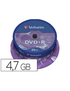 DVD+R VERBATIM CAPACIDAD 4.7GB VELOCIDAD 16X 120 MIN TARRINA DE 25 UNIDADES