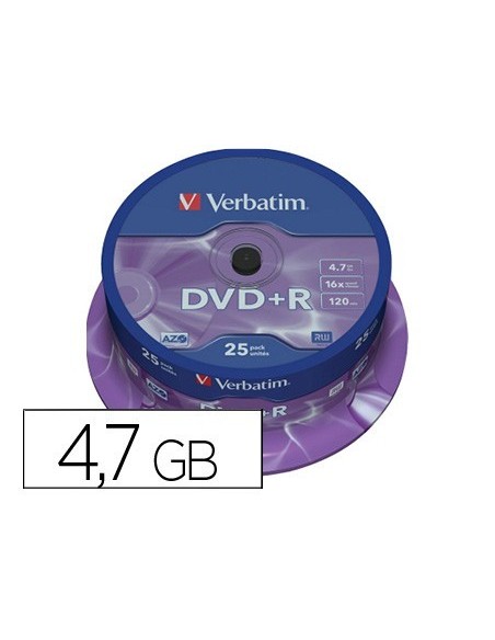 DVD+R VERBATIM CAPACIDAD 4.7GB VELOCIDAD 16X 120 MIN TARRINA DE 25 UNIDADES