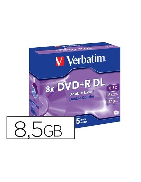 DVD+R VERBATIM DOBLE CAPA CAPACIDAD 8.5GB VELOCIDAD 8X 240 MIN PACK DE 5 UNIDADES
