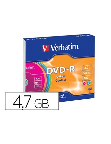 DVD-R VERBATIM AZO CAPACIDAD 4.7GB VELOCIDAD 16X 120 MIN PACK DE 5 UNIDADES COLORES SURTIDOS CAJA SLIM
