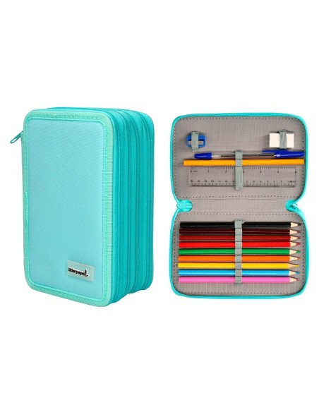 PLUMIER ESCOLAR LIDERPAPEL CUATRO CREMALLERAS COLOR CELESTE 65 PIEZAS