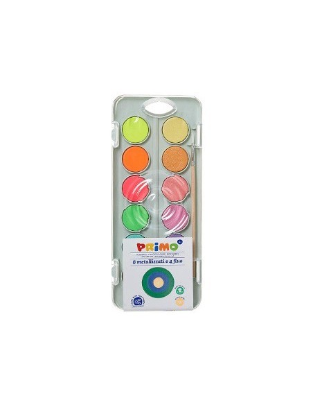 ACUARELA PRIMO 8 COLORES METAL + 4 COLORES NEON CON PINCEL Y PALETA DE MEZCLA ESTUCHE DE PLASTICO