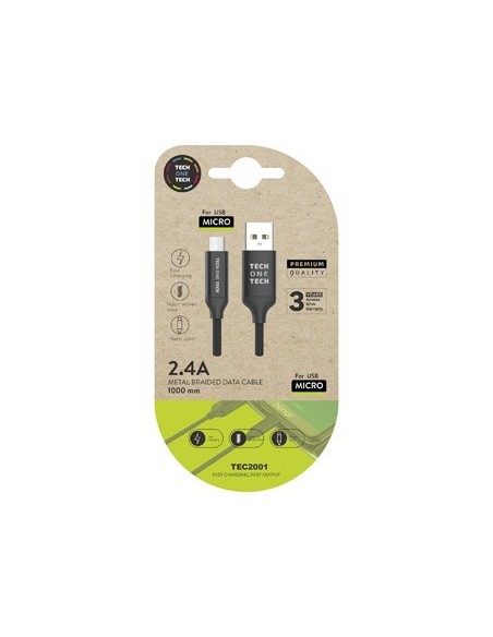 CABLE USB 2.4 TECH ONE TECH BRAIDED NYLON TIPO USB ANDROID MICRO USB LONGITUD 1 MT COLOR NEGRO
