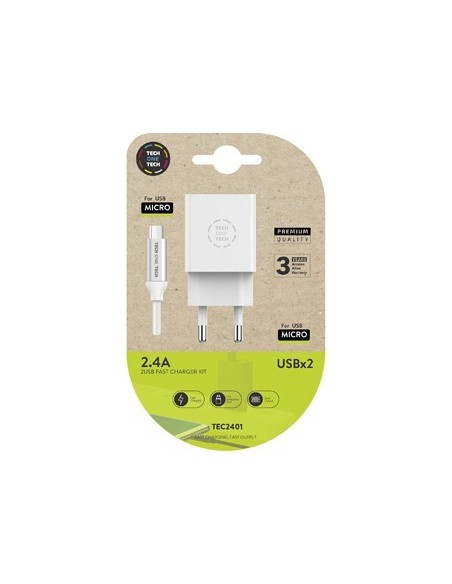 CARGADOR TECH ONE TECH 2.4 DOBLE USB + CABLE BRAIDED NYLON MICRO USB ANDROID LONGITUD 1 MT COLOR BLANCO