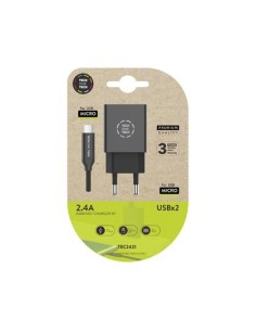 CARGADOR TECH ONE TECH 2.4 DOBLE USB + CABLE BRAIDED NYLON MICRO USB ANDROID LONGITUD 1 MT COLOR NEGRO
