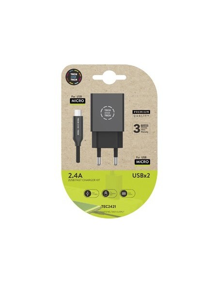CARGADOR TECH ONE TECH 2.4 DOBLE USB + CABLE BRAIDED NYLON MICRO USB ANDROID LONGITUD 1 MT COLOR NEGRO
