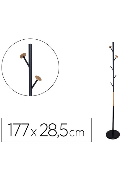 PERCHERO METALICO Q-CONNECT NEGRO CON DETALLES DE MADERA 5 COLGADORES 177X28,5 CM
