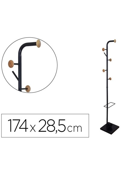 PERCHERO METALICO Q-CONNECT NEGRO CON DETALLES DE MADERA 6 COLGADORES Y PARAGUERO 174X28,5 CM