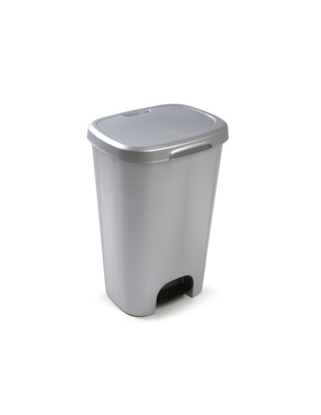 PAPELERA CONTENEDOR PLASTICFORTE PLASTICO CON TAPADERA Y PEDAL 50 LITROS COLOR PLATA 410X360X635 MM
