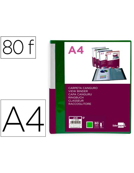 CARPETA LIDERPAPEL 80 FUNDAS CANGURO PP DIN A4 VERDE TRANSLUCIDO PORTADA Y LOMO PERSONALIZABLE