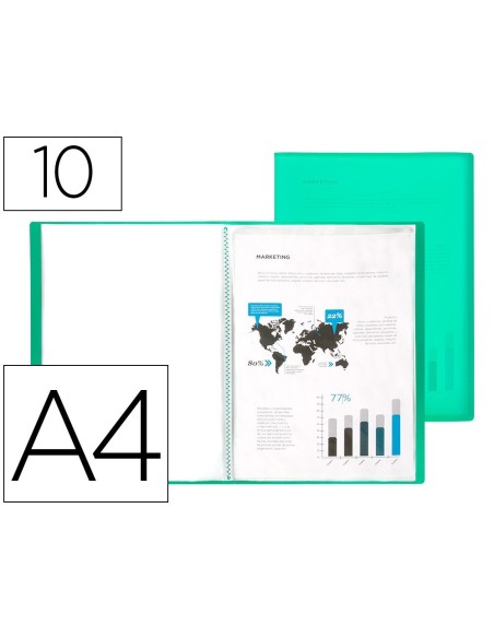 CARPETA LIDERPAPEL ESCAPARATE 10 FUNDAS POLIPROPILENO DIN A4 VERDE TRANSLUCIDO
