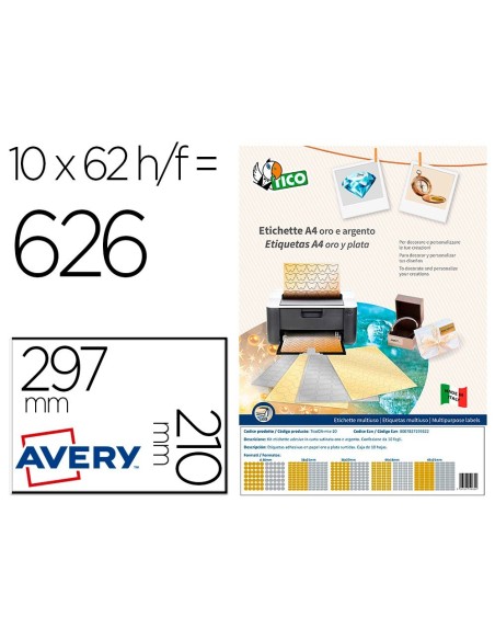 ETIQUETA ADHESIVA AVERY TICO PAPEL SATINADO ORO / PLATA LASER MEDIDAS SURTIDAS PACK DE 626 ETIQUETAS