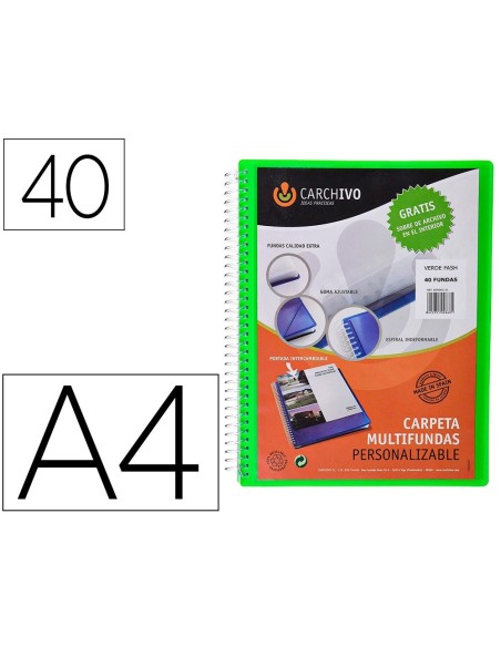 CARPETA CARCHIVO ARCHIVEX POLIPROPILENO CANGURO VERDE ESCAPARATE CON ESPIRAL 40 FUNDAS CIERRE GOMAS DIN A4
