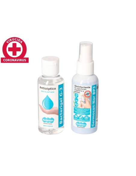 GEL HIDROALCOHOLICO BACTERIGEL G3 SPRAY 60 ML + DESINFECTANTE PARA SUPERFICIESSPRAY 60ML PACK VUELTA AL COLE
